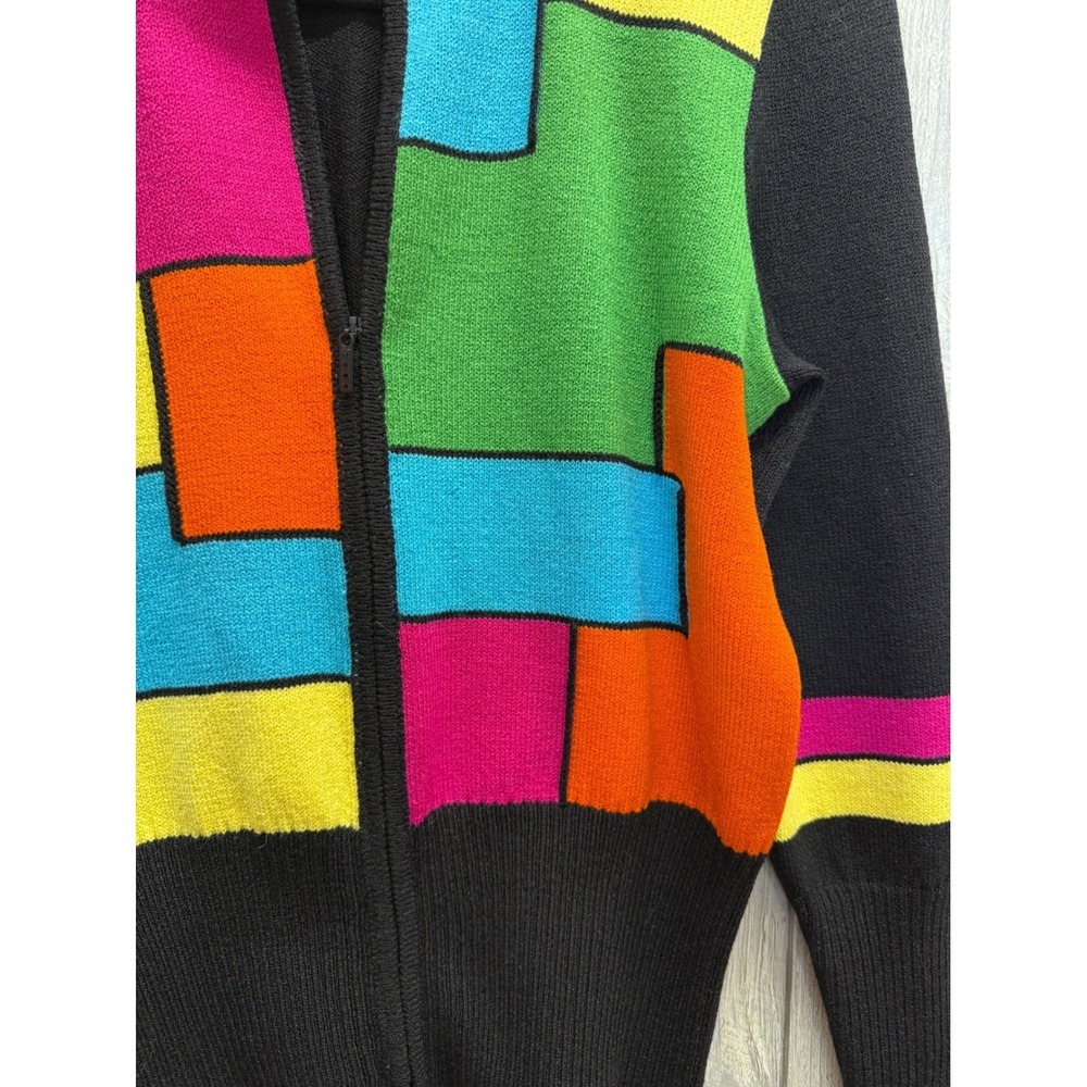 Toula Vintage Colorblock Geometric Zip Up Cardigan Sweater Womens 10 Black Multi - Picture 5 of 13
